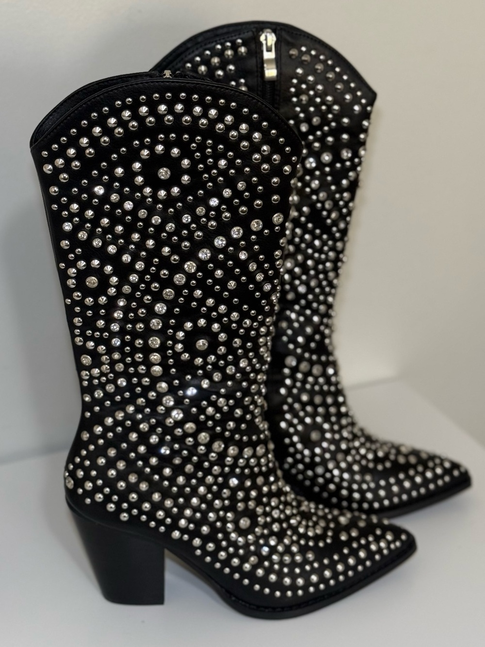 NWB ! Rhinestone Black Mid-Calf Western Cowboy Boots Size 11 Woman Beast Fashion